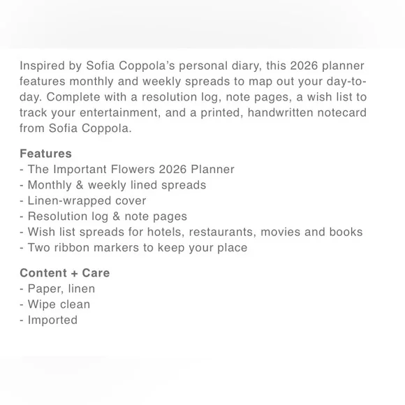 New Sofia Coppola Important Flowers 2026 Monthly Weekly Planner w/signature card - Picture 11 of 12